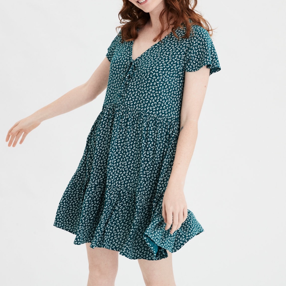 AEO Babydoll Dark Green Floral Mini Dress